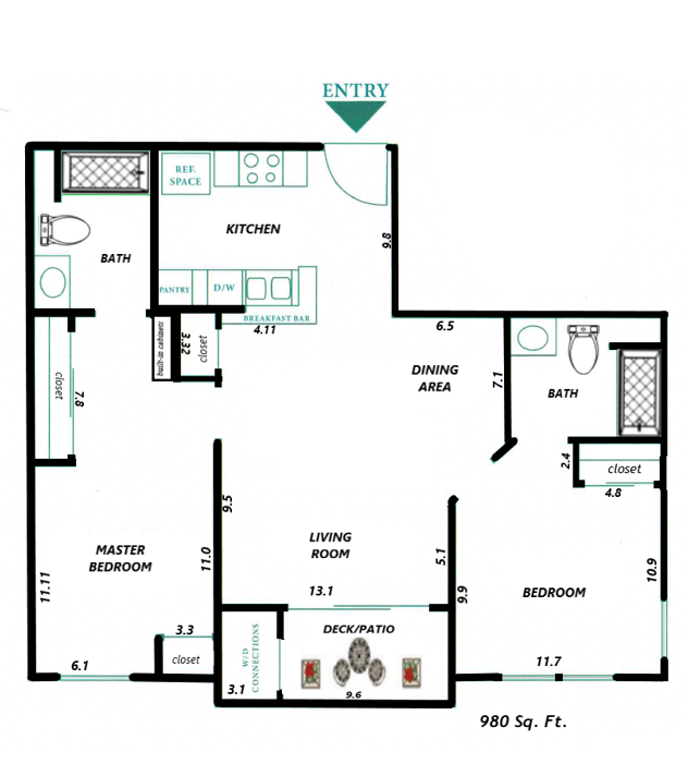 Floor plan for 2 beds, 2 baths, 980 sqft